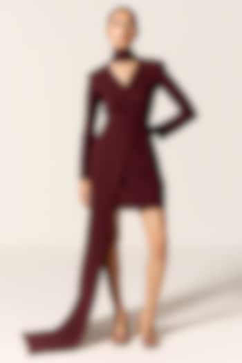 Dark Mahogany Crepe Spandex Asymmetric Mini Vacation Dress by Manika Nanda at Pernia's Pop Up Shop