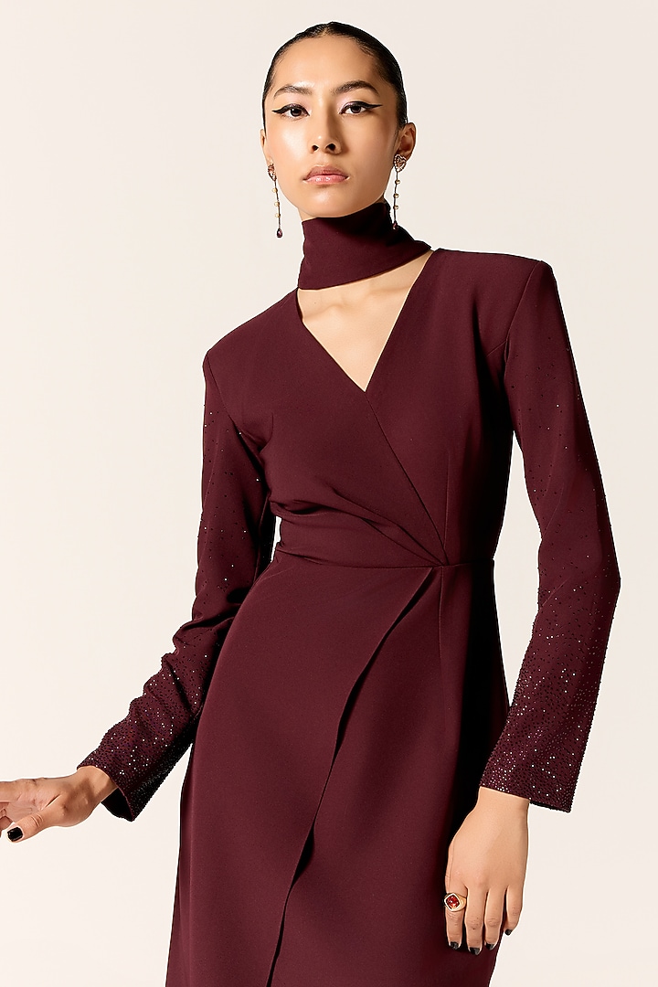 Dark Mahogany Crepe Spandex Asymmetric Mini Vacation Dress by Manika Nanda at Pernia's Pop Up Shop