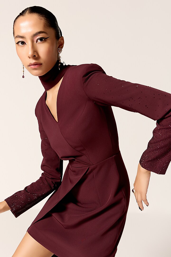 Dark Mahogany Crepe Spandex Asymmetric Mini Vacation Dress by Manika Nanda at Pernia's Pop Up Shop