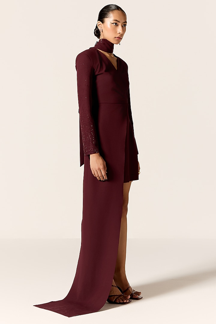 Dark Mahogany Crepe Spandex Asymmetric Mini Vacation Dress by Manika Nanda at Pernia's Pop Up Shop