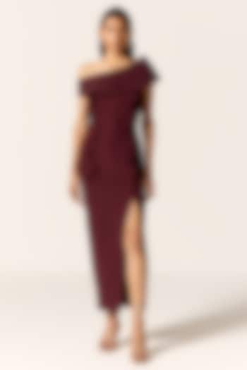 Dark Mahogany Crepe Spandex High-Slit Skirt Set by Manika Nanda at Pernia's Pop Up Shop