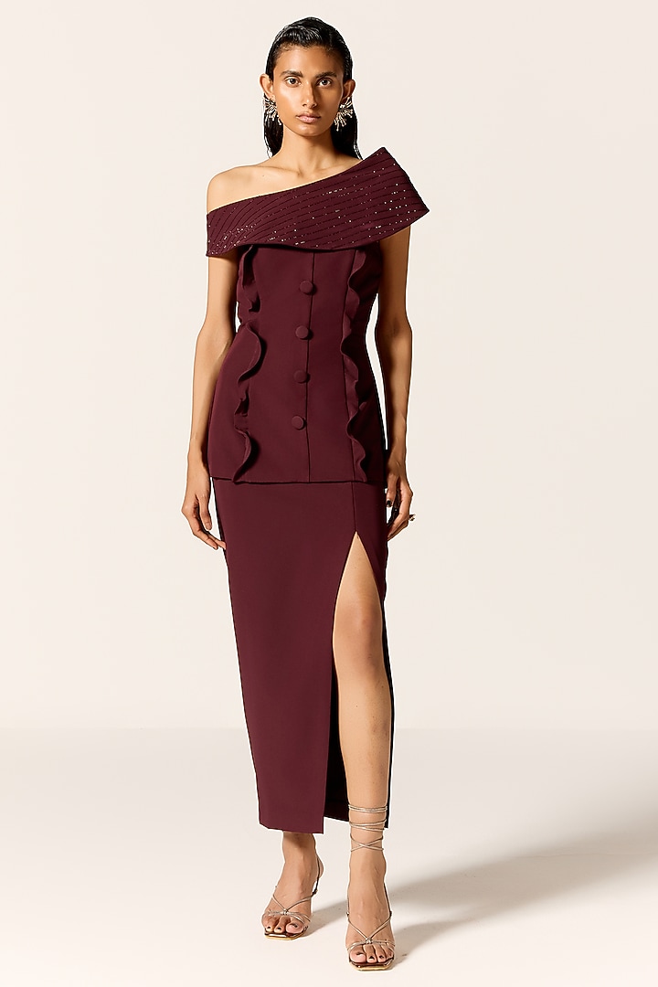 Dark Mahogany Crepe Spandex High-Slit Skirt Set by Manika Nanda at Pernia's Pop Up Shop