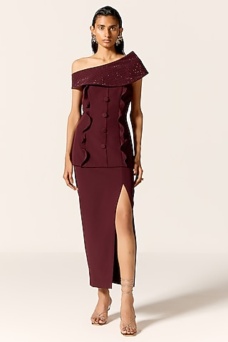 Dark Mahogany Crepe Spandex High-Slit Skirt Set by Manika Nanda