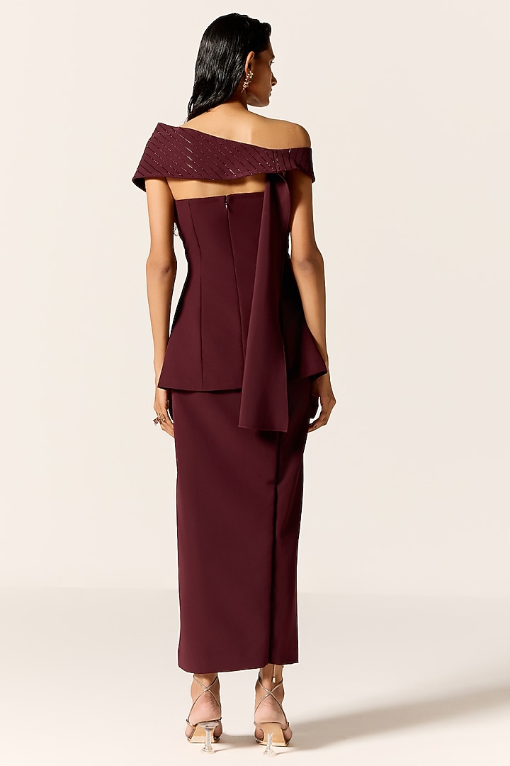 Dark Mahogany Crepe Spandex High-Slit Skirt Set by Manika Nanda at Pernia's Pop Up Shop