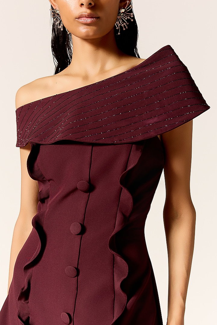 Dark Mahogany Crepe Spandex High-Slit Skirt Set by Manika Nanda at Pernia's Pop Up Shop