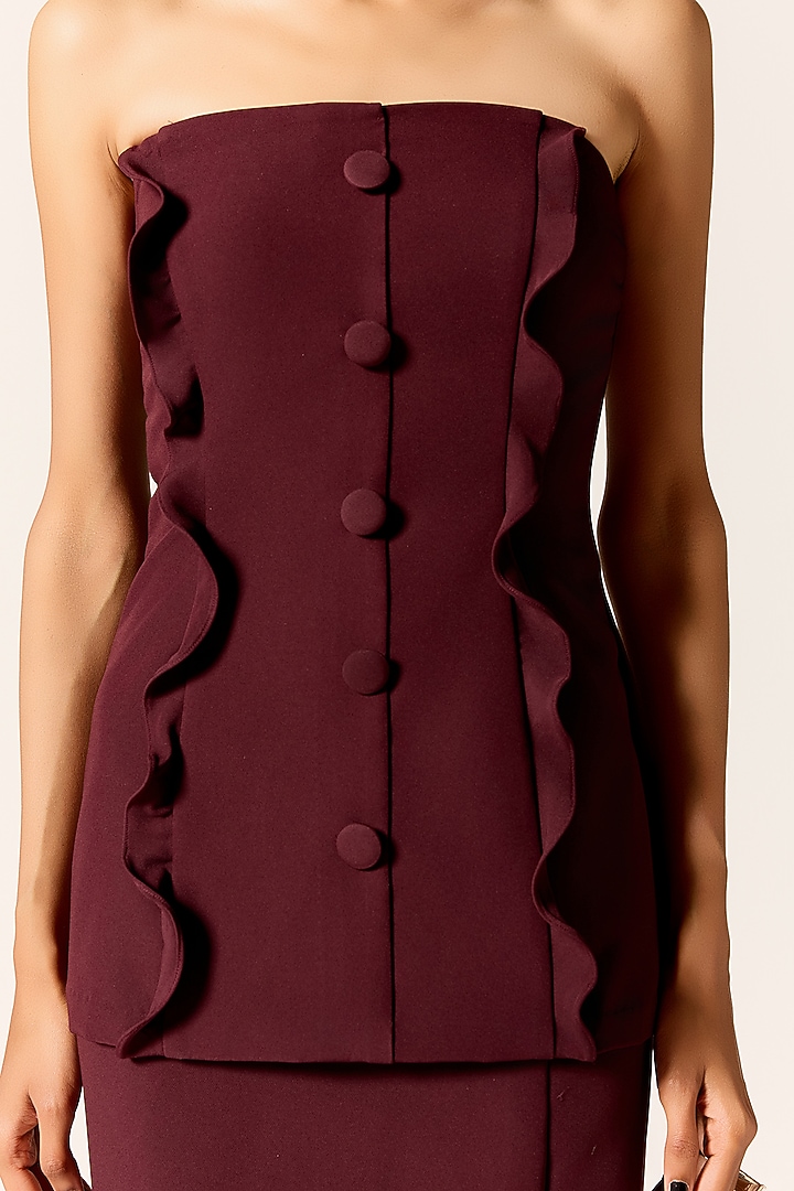 Dark Mahogany Crepe Spandex High-Slit Skirt Set by Manika Nanda at Pernia's Pop Up Shop