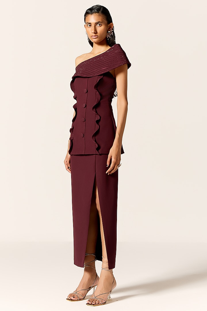 Dark Mahogany Crepe Spandex High-Slit Skirt Set by Manika Nanda at Pernia's Pop Up Shop