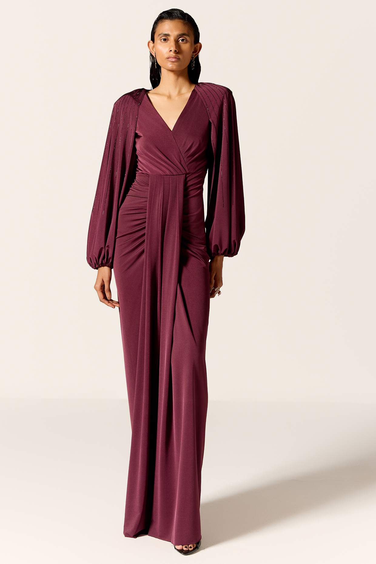 Mahogany Butter Lycra Draped Engagement Gown by Manika Nanda at Pernia's Pop Up Shop