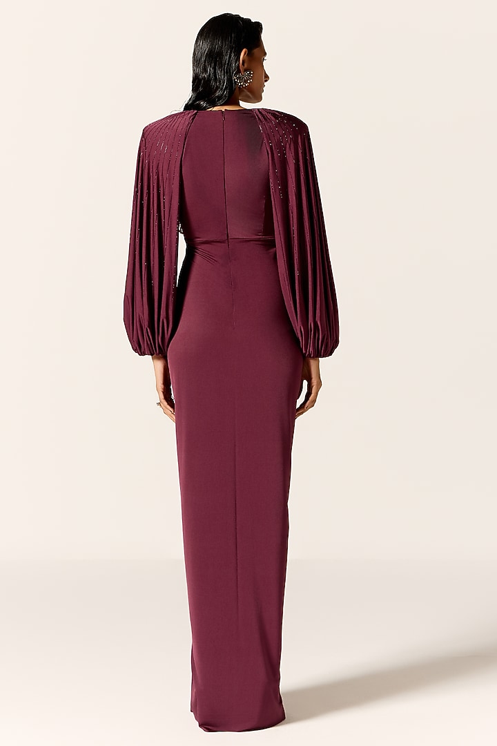 Mahogany Butter Lycra Draped Engagement Gown by Manika Nanda at Pernia's Pop Up Shop