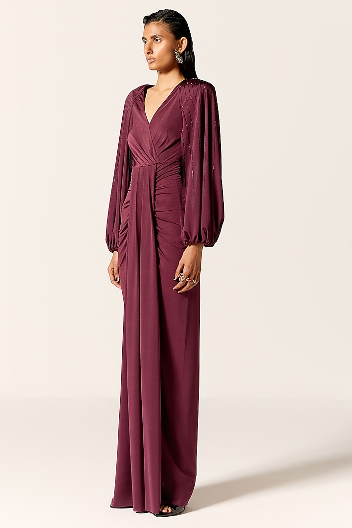 Mahogany Butter Lycra Draped Engagement Gown by Manika Nanda at Pernia's Pop Up Shop