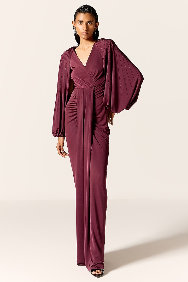 Mahogany Butter Lycra Draped Engagement Gown by Manika Nanda at Pernia's Pop Up Shop