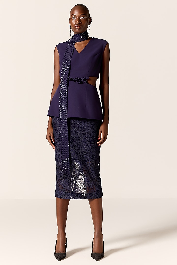 Ink Blue Chantilly Lace Skirt Set by Manika Nanda at Pernia's Pop Up Shop