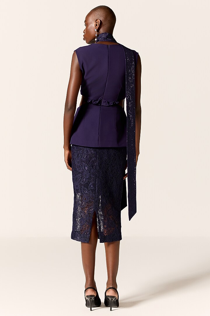 Ink Blue Chantilly Lace Skirt Set by Manika Nanda at Pernia's Pop Up Shop