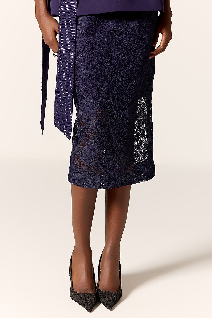 Ink Blue Chantilly Lace Skirt Set by Manika Nanda at Pernia's Pop Up Shop