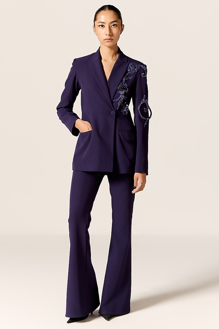 Ink Blue Crepe Spandex Blazer Set by Manika Nanda at Pernia's Pop Up Shop