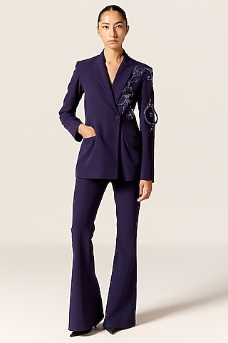 Ink Blue Crepe Spandex Blazer Set by Manika Nanda