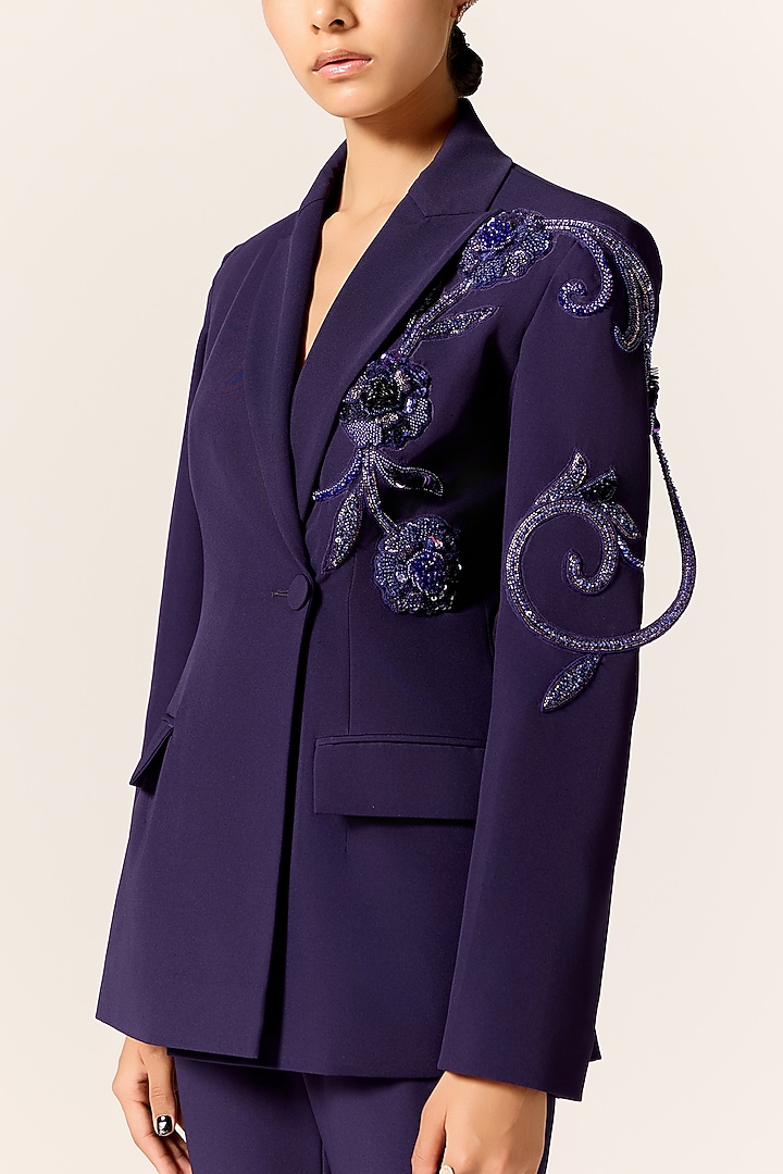 Ink Blue Crepe Spandex Blazer Set by Manika Nanda at Pernia's Pop Up Shop