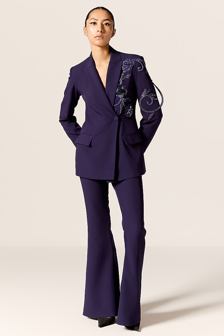 Ink Blue Crepe Spandex Blazer Set by Manika Nanda at Pernia's Pop Up Shop