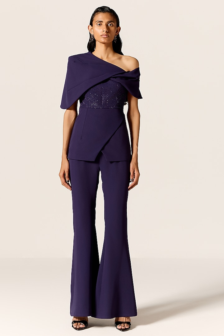 Ink Blue Crepe Spandex Co-Ord Set by Manika Nanda at Pernia's Pop Up Shop