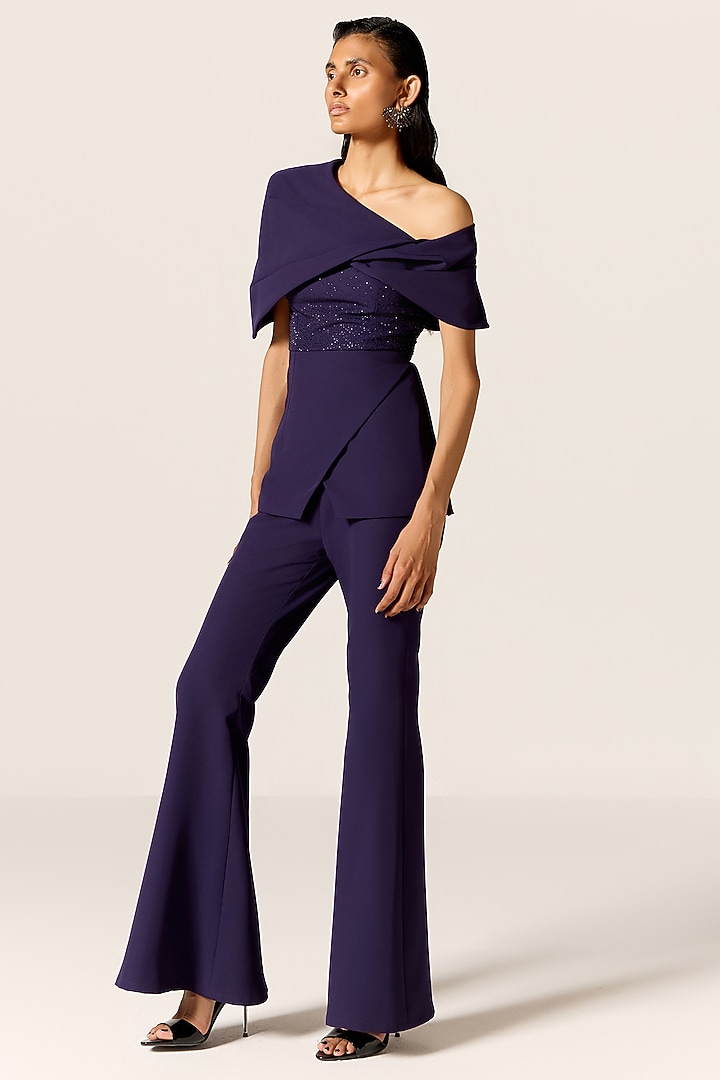 Ink Blue Crepe Spandex Co-Ord Set by Manika Nanda at Pernia's Pop Up Shop
