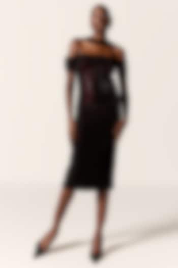 Black Crepe Twill Crystal Off-Shoulder Backless Draped Cocktail Dress by Manika Nanda at Pernia's Pop Up Shop