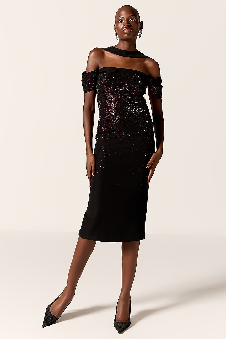 Black Crepe Twill Crystal Off-Shoulder Backless Draped Cocktail Dress by Manika Nanda at Pernia's Pop Up Shop
