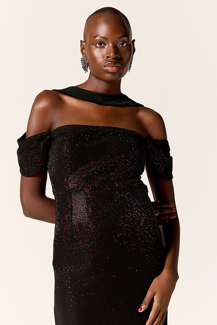 Black Crepe Twill Crystal Off-Shoulder Backless Draped Cocktail Dress by Manika Nanda at Pernia's Pop Up Shop