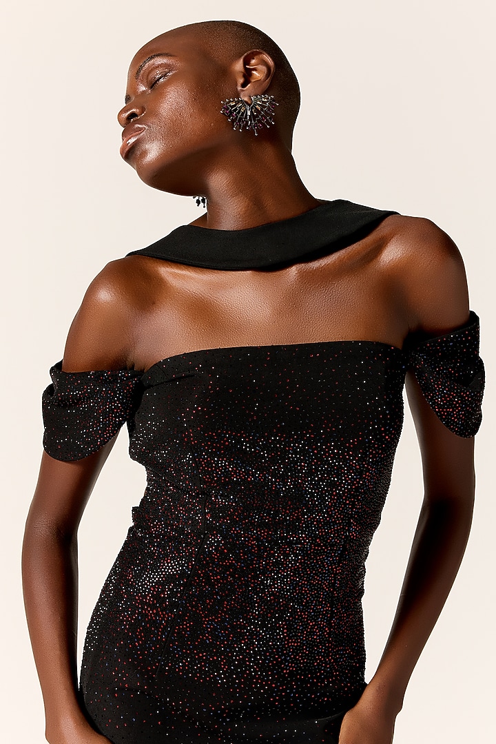 Black Crepe Twill Crystal Off-Shoulder Backless Draped Cocktail Dress by Manika Nanda at Pernia's Pop Up Shop