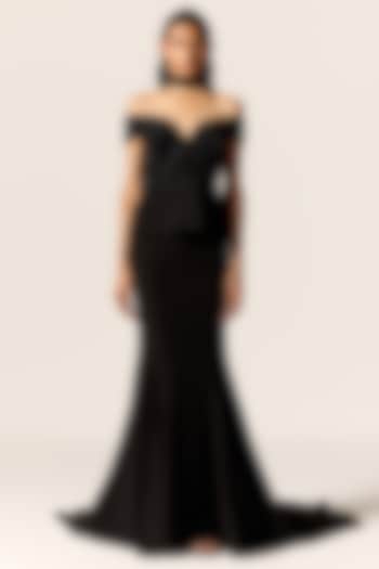 Black Crepe Twill Off-Shoulder Trumpet Engagement Gown With Stash by Manika Nanda at Pernia's Pop Up Shop