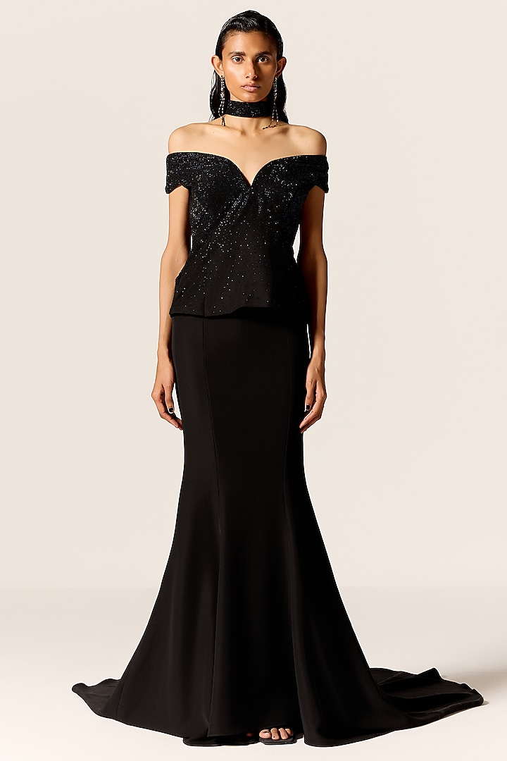 Black Crepe Twill Off-Shoulder Trumpet Engagement Gown With Stash by Manika Nanda at Pernia's Pop Up Shop