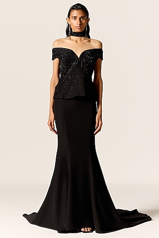 Black Crepe Twill Off-Shoulder Trumpet Gown With Stash by Manika Nanda