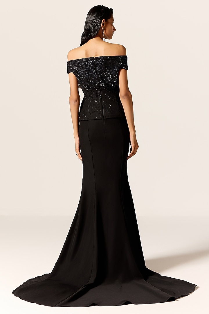 Black Crepe Twill Off-Shoulder Trumpet Engagement Gown With Stash by Manika Nanda at Pernia's Pop Up Shop