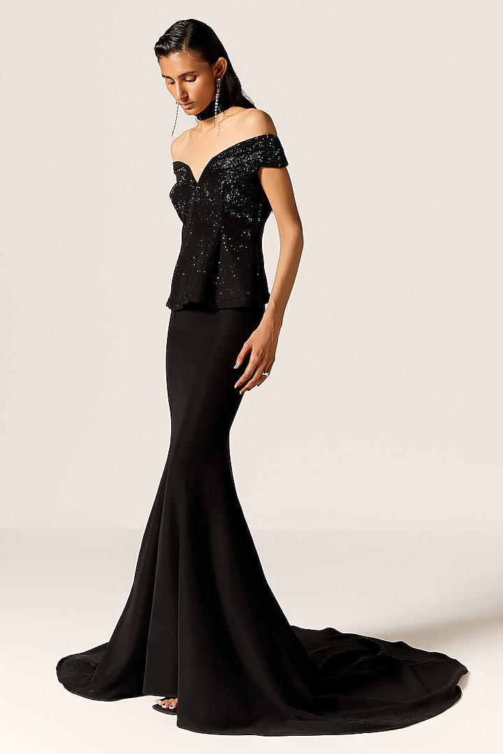 Black Crepe Twill Off-Shoulder Trumpet Engagement Gown With Stash by Manika Nanda at Pernia's Pop Up Shop