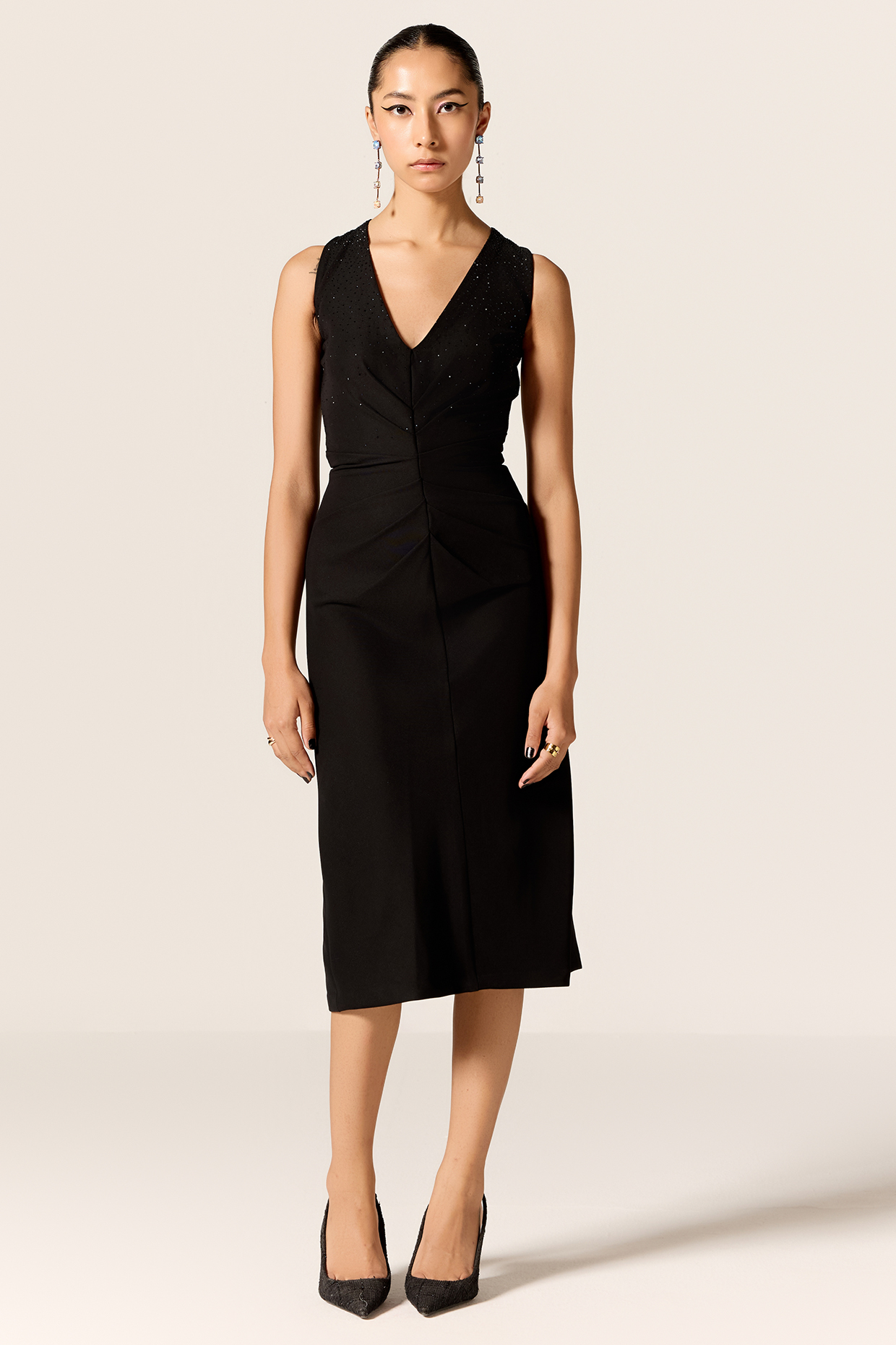 Black Crepe Twill V-Neck Midi Vacation Dress by Manika Nanda at Pernia's Pop Up Shop