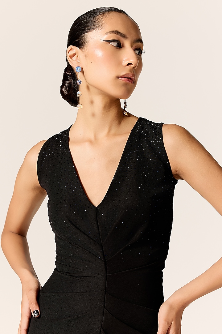 Black Crepe Twill V-Neck Midi Vacation Dress by Manika Nanda at Pernia's Pop Up Shop