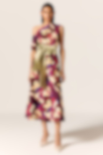 Multi-Colored Crepe Spandex Off-Shoulder Flared Midi Vacation Dress by Manika Nanda at Pernia's Pop Up Shop