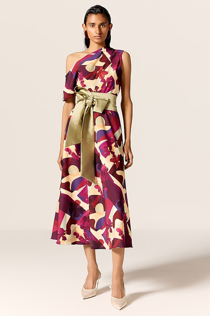 Multi-Colored Crepe Spandex Off-Shoulder Flared Midi Vacation Dress by Manika Nanda at Pernia's Pop Up Shop