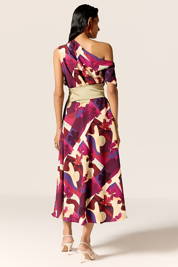 Multi-Colored Crepe Spandex Off-Shoulder Flared Midi Vacation Dress by Manika Nanda at Pernia's Pop Up Shop