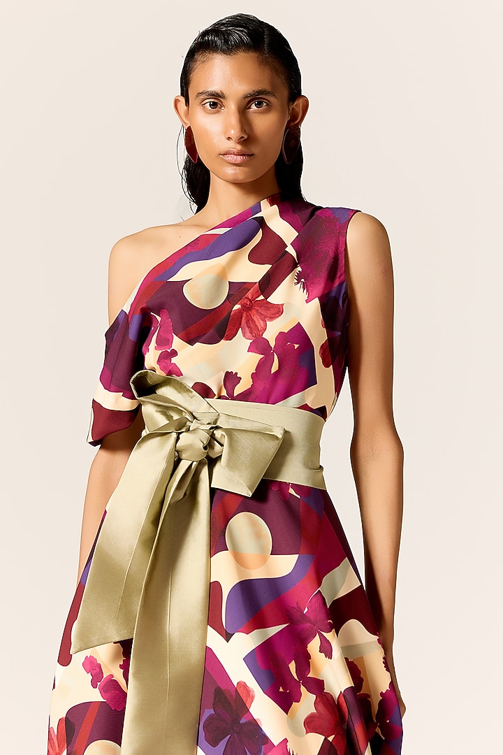 Multi-Colored Crepe Spandex Off-Shoulder Flared Midi Vacation Dress by Manika Nanda at Pernia's Pop Up Shop