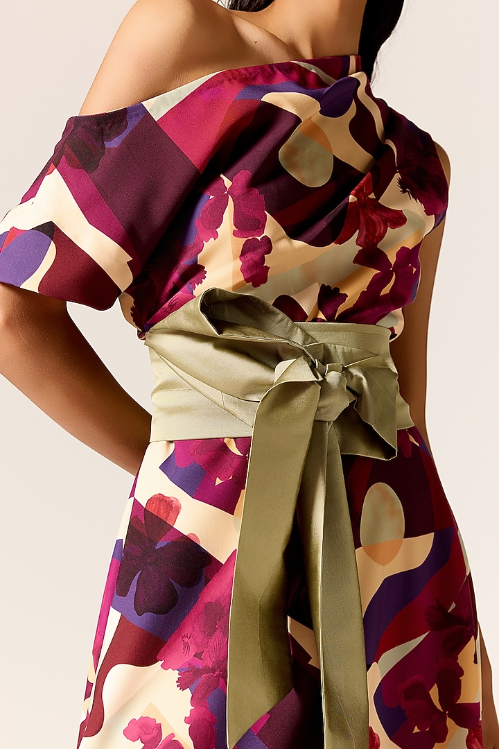 Multi-Colored Crepe Spandex Off-Shoulder Flared Midi Vacation Dress by Manika Nanda at Pernia's Pop Up Shop