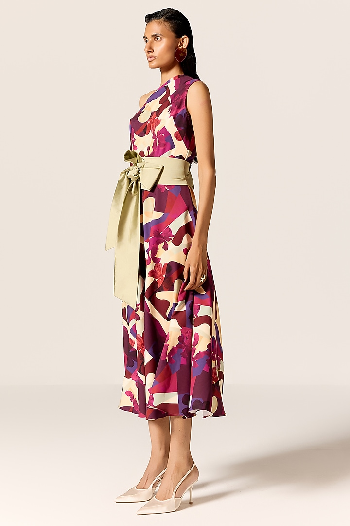Multi-Colored Crepe Spandex Off-Shoulder Flared Midi Vacation Dress by Manika Nanda at Pernia's Pop Up Shop
