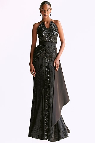 Black Stretch Satin Hand Embroidered Halter-Style Gown by Manika Nanda