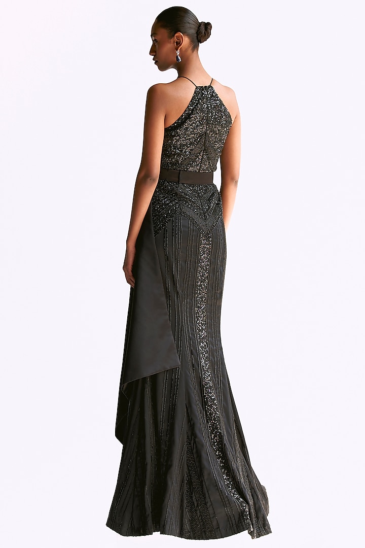 Black Stretch Satin Hand Embroidered Halter-Style Wedding Gown by Manika Nanda at Pernia's Pop Up Shop