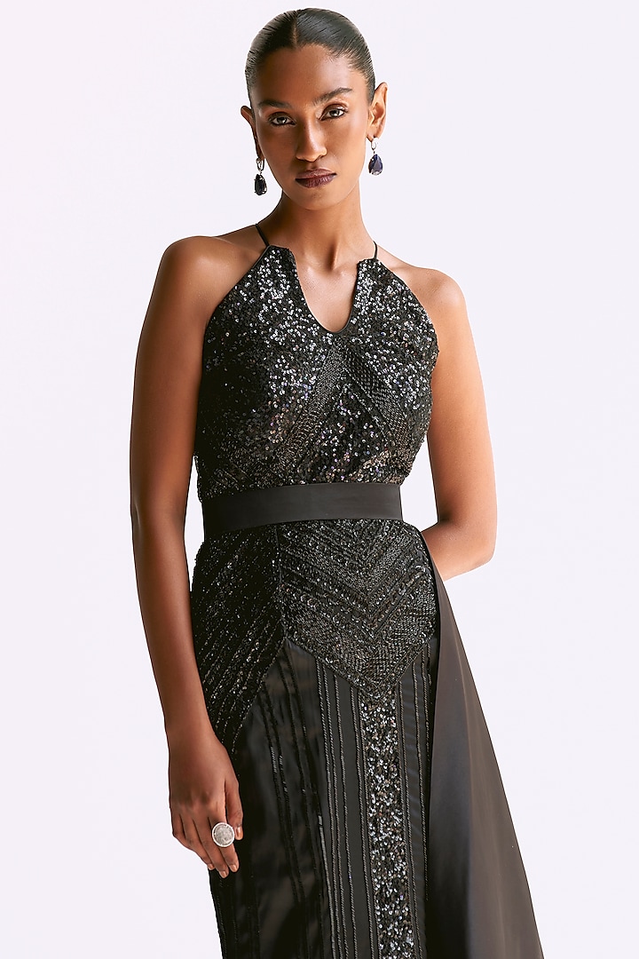 Black Stretch Satin Hand Embroidered Halter-Style Wedding Gown by Manika Nanda at Pernia's Pop Up Shop