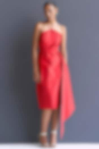 Red Taffeta Pleated Midi Column Dress by Manika Nanda at Pernia's Pop Up Shop