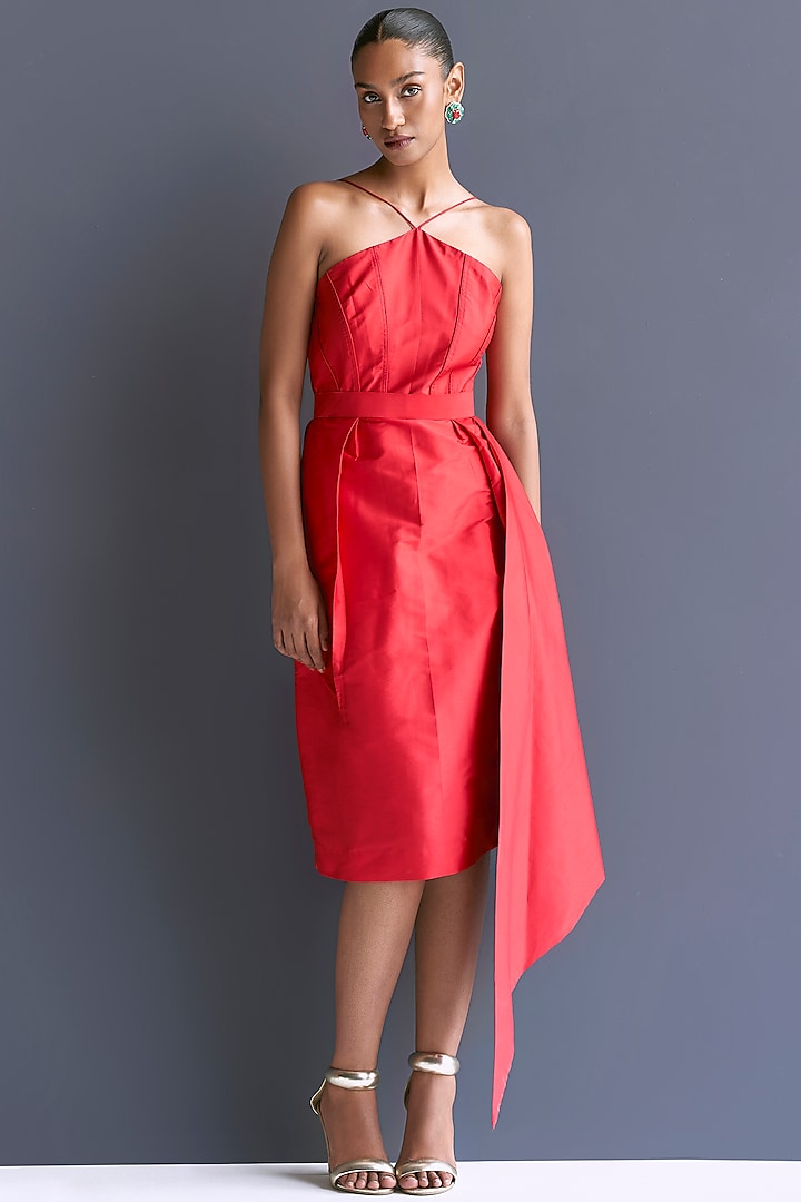 Red Taffeta Pleated Midi Column Dress by Manika Nanda at Pernia's Pop Up Shop