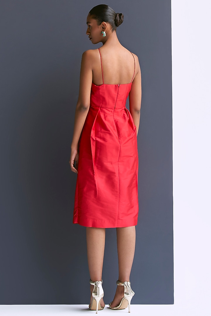 Red Taffeta Pleated Midi Column Vacation Dress by Manika Nanda at Pernia's Pop Up Shop