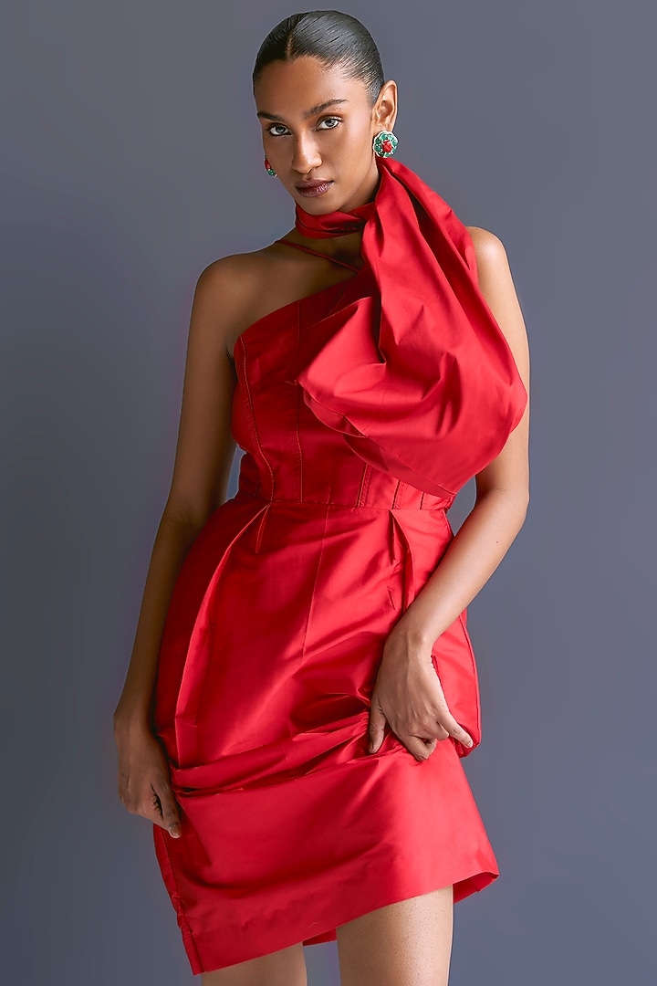 Red Taffeta Pleated Midi Column Vacation Dress by Manika Nanda at Pernia's Pop Up Shop