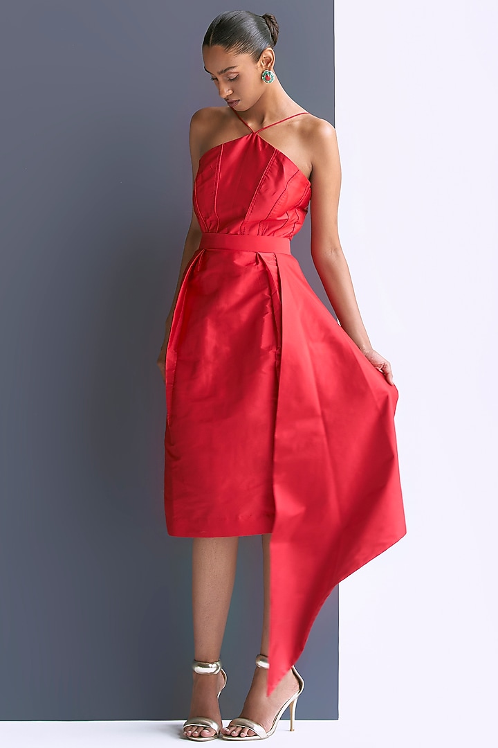 Red Taffeta Pleated Midi Column Vacation Dress by Manika Nanda at Pernia's Pop Up Shop