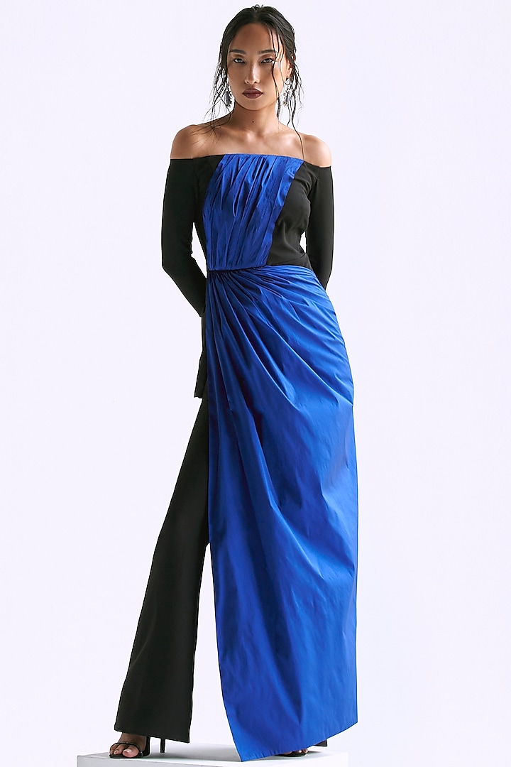 Black & Electric Blue Taffeta Draped Co-Ord Set by Manika Nanda at Pernia's Pop Up Shop